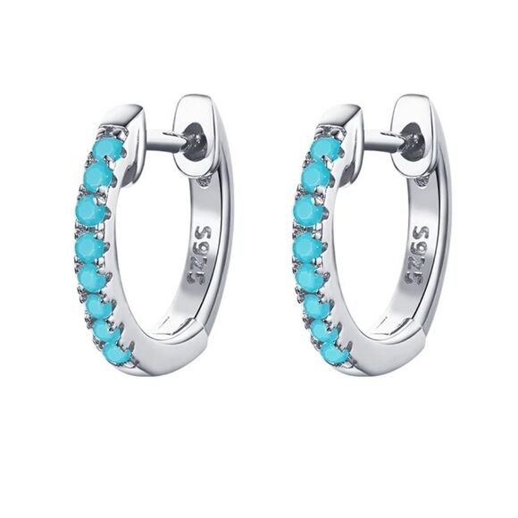 Platinum Plated 925 Sterling Silver Blue CZ Huggies Hoop Earrings - Picture 1 of 7